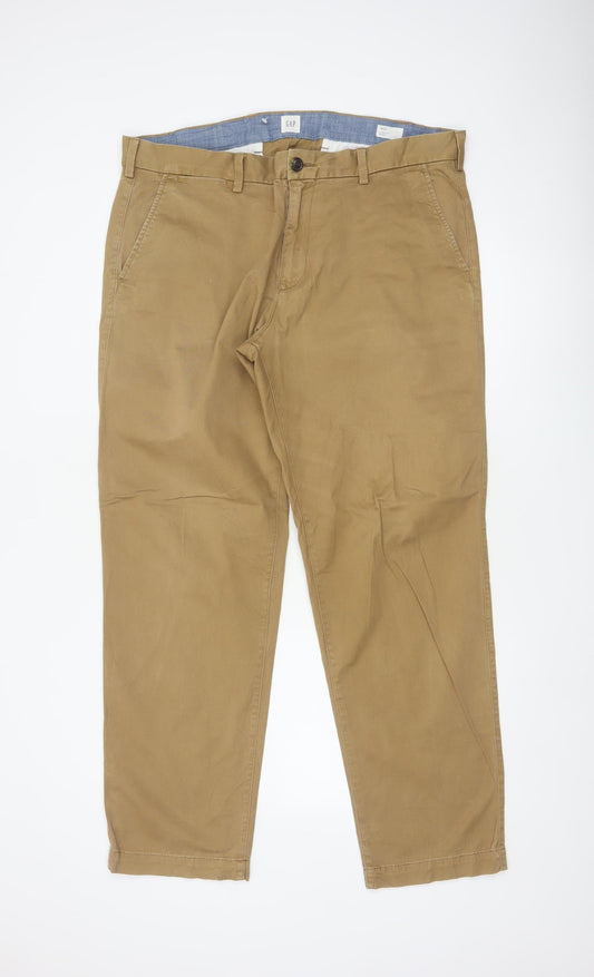 Gap Men’s Beige 38x32 Straight Chino Trousers Cotton Flat Front