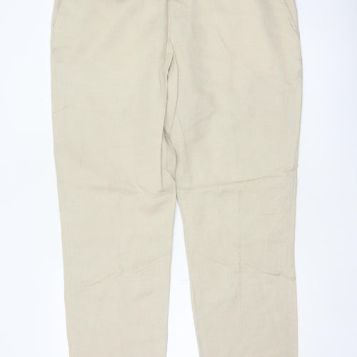 Jaeger Men’s Beige 38in Linen Flax Regular Straight Dress Trousers