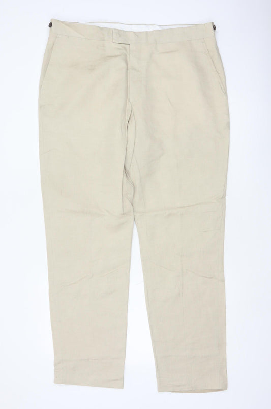 Jaeger Men’s Beige 38in Linen Flax Regular Straight Dress Trousers