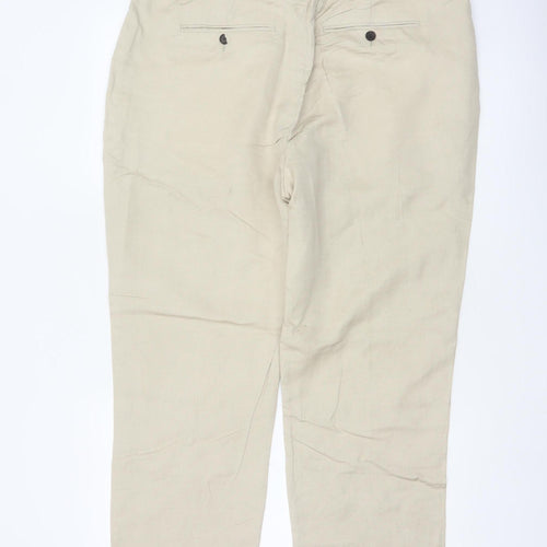 Jaeger Men’s Beige 38in Linen Flax Regular Straight Dress Trousers