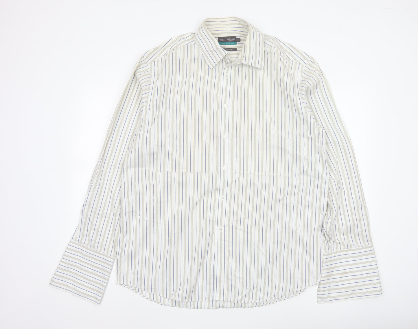 Marks & Spencer Men White Stripe Cotton Non-Iron Shirt Size 16