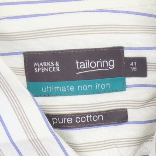 Marks & Spencer Men White Stripe Cotton Non-Iron Shirt Size 16