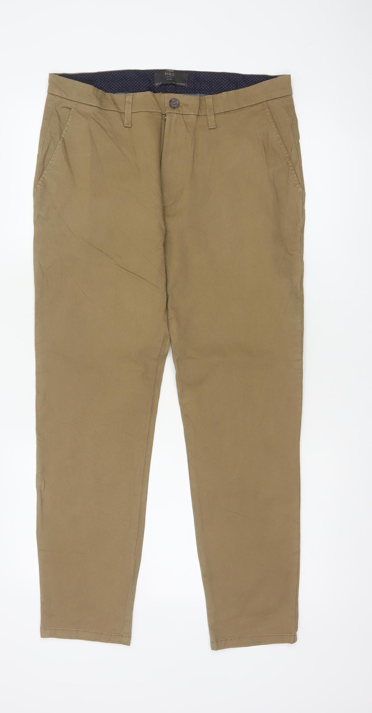 Marks & Spencer Men Beige 32/29 Skinny Stretch Chino Trousers