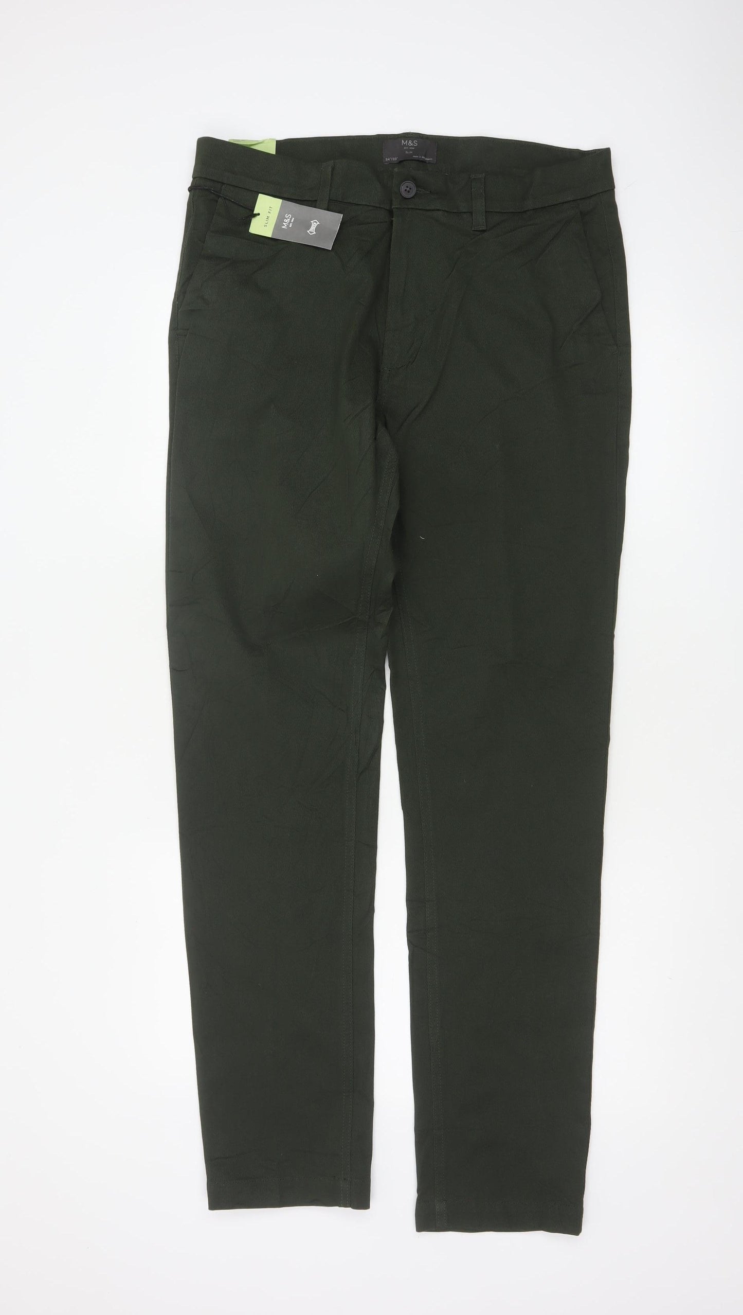 Marks and Spencer Men's Green 34/33 Slim Fit Stretch Chino Trousers