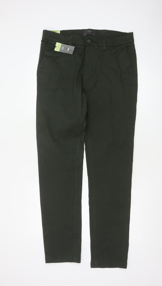 Marks and Spencer Men's Green 34/33 Slim Fit Stretch Chino Trousers