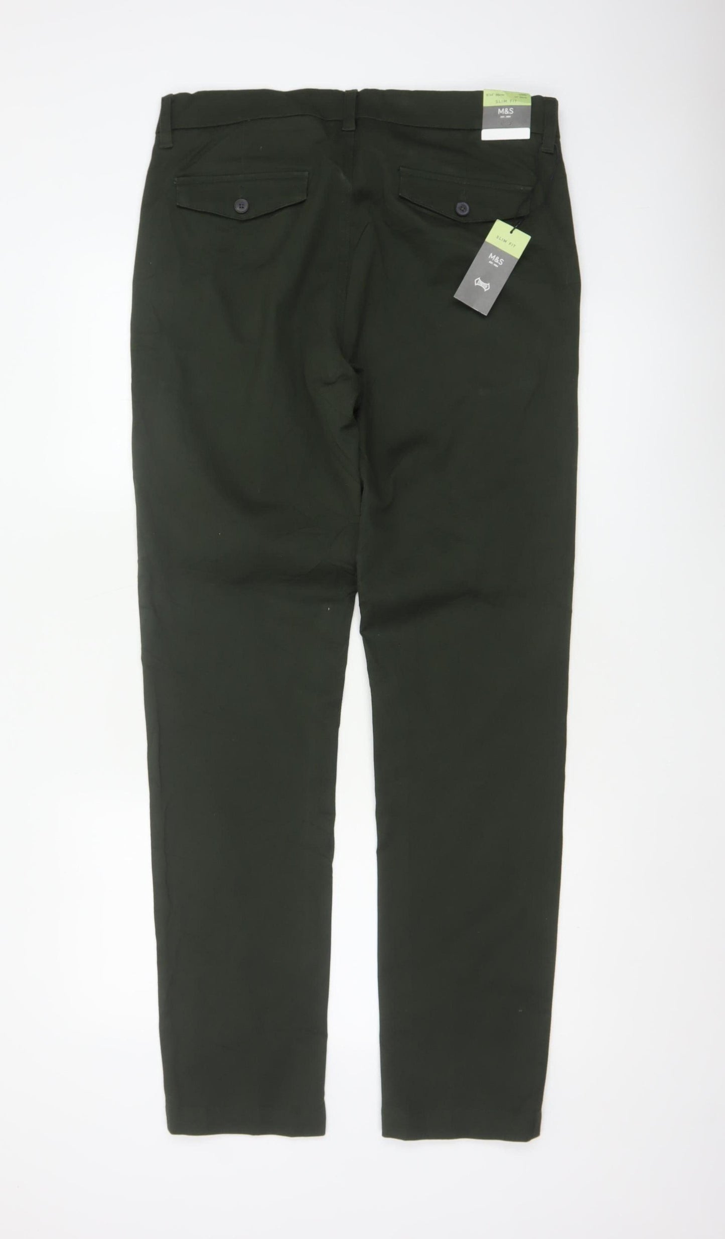 Marks and Spencer Men's Green 34/33 Slim Fit Stretch Chino Trousers