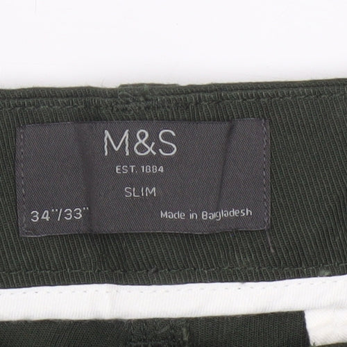 Marks and Spencer Men's Green 34/33 Slim Fit Stretch Chino Trousers