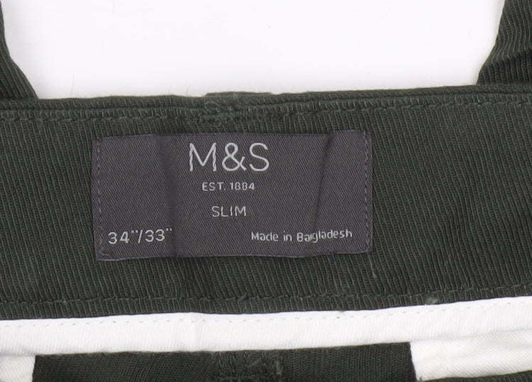 Marks and Spencer Men's Green 34/33 Slim Fit Stretch Chino Trousers