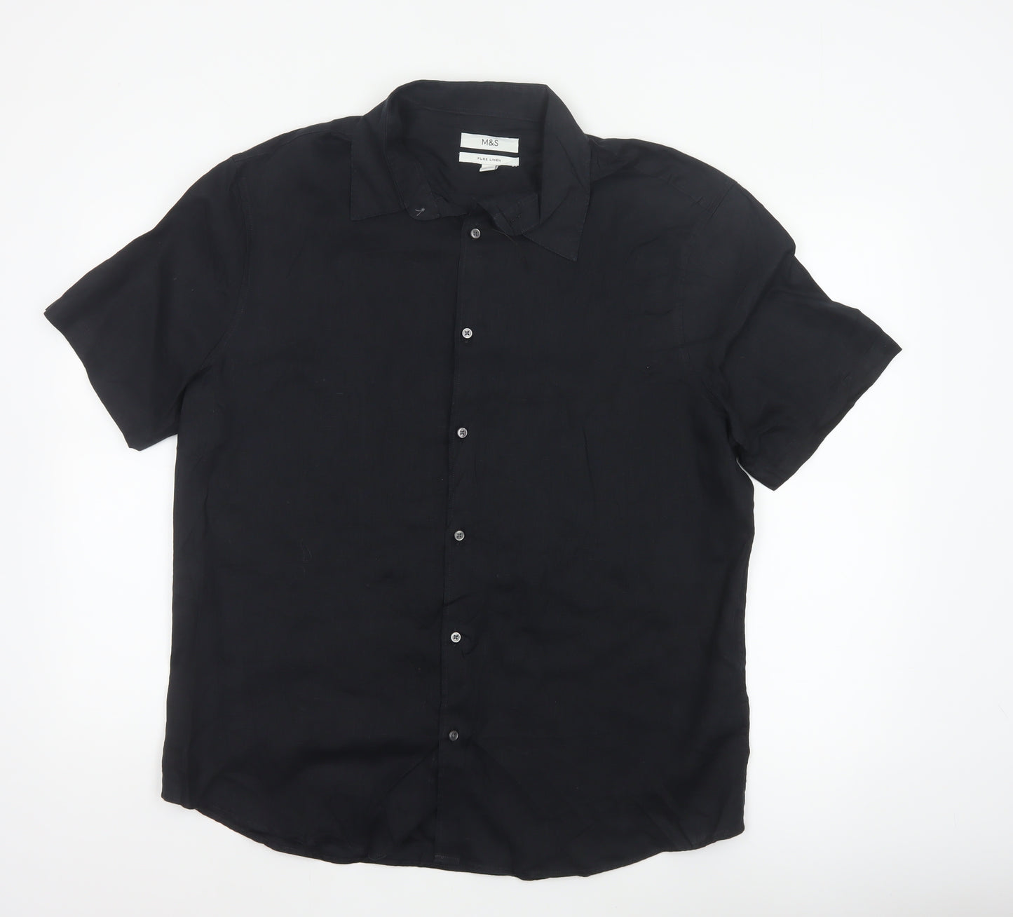 Marks and Spencer Men Black L Pure Linen Short Sleeve Button-Up Shirt