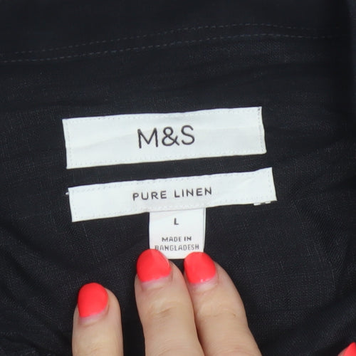 Marks and Spencer Men Black L Pure Linen Short Sleeve Button-Up Shirt