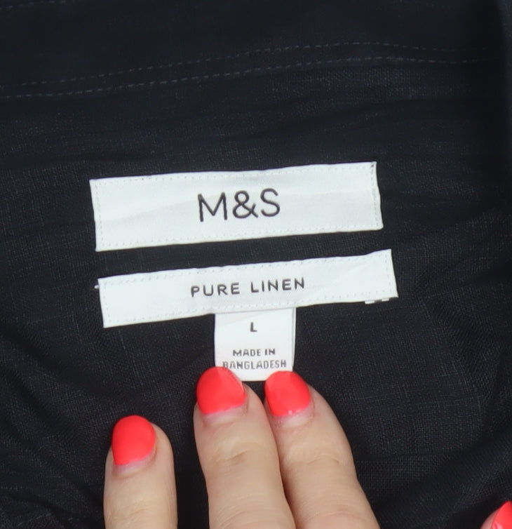 Marks and Spencer Men Black L Pure Linen Short Sleeve Button-Up Shirt