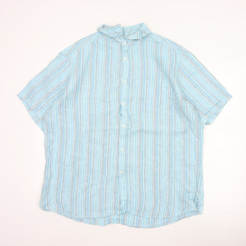 M&S Men Blue XL Linen Striped Short Sleeve Button-Up Shirt