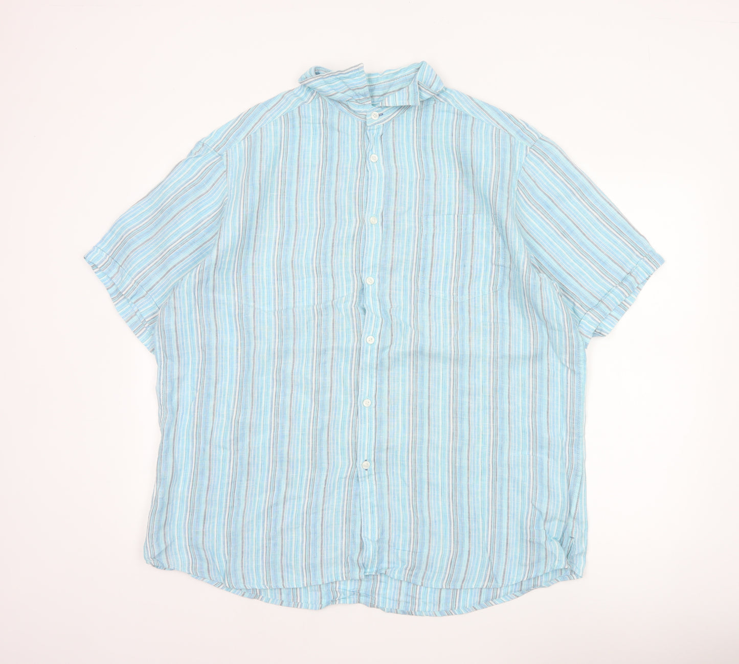 M&S Men Blue XL Linen Striped Short Sleeve Button-Up Shirt