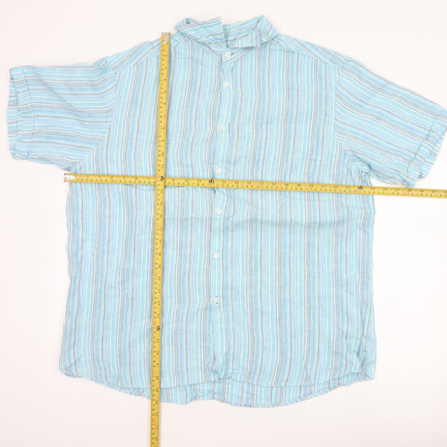 M&S Men Blue XL Linen Striped Short Sleeve Button-Up Shirt