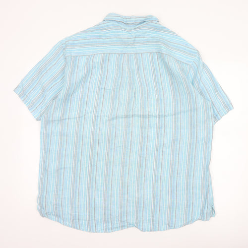 M&S Men Blue XL Linen Striped Short Sleeve Button-Up Shirt