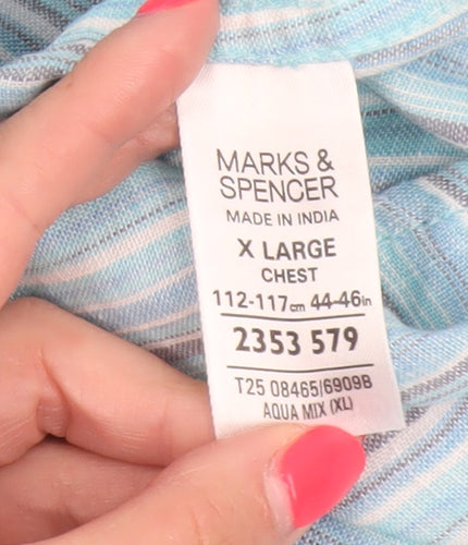 M&S Men Blue XL Linen Striped Short Sleeve Button-Up Shirt