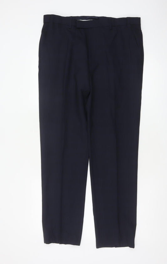 Marks & Spencer Men Blue 34 31 Tailored Wool Blend Dress Trousers