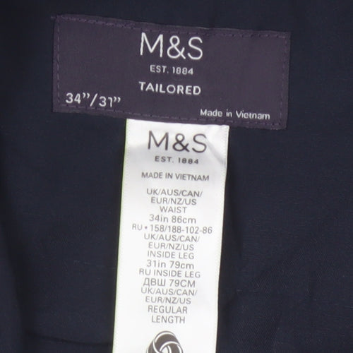 Marks & Spencer Men Blue 34 31 Tailored Wool Blend Dress Trousers
