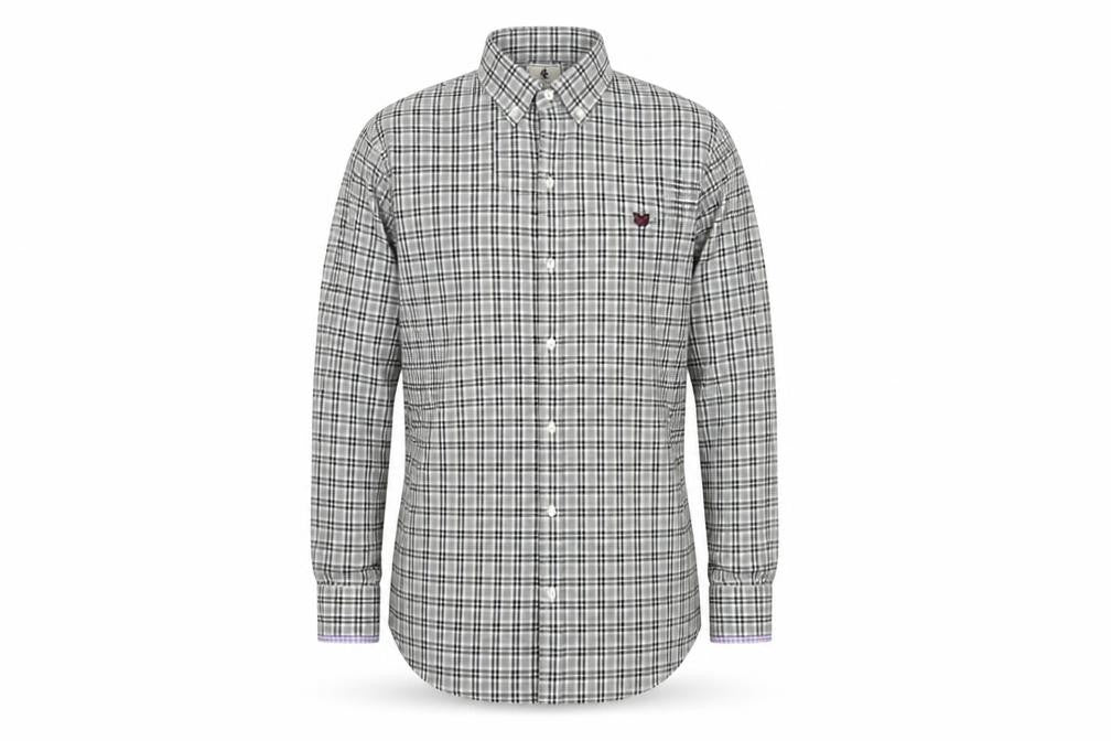 Front view of Lyle & Scott Men’s Grey Check Cotton Button-Up Shirt, size S, Long Sleeve