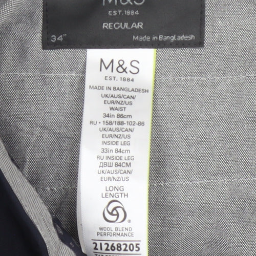 Marks and Spencer Mens Navy 34 Regular Wool Blend Straight Dress Trousers