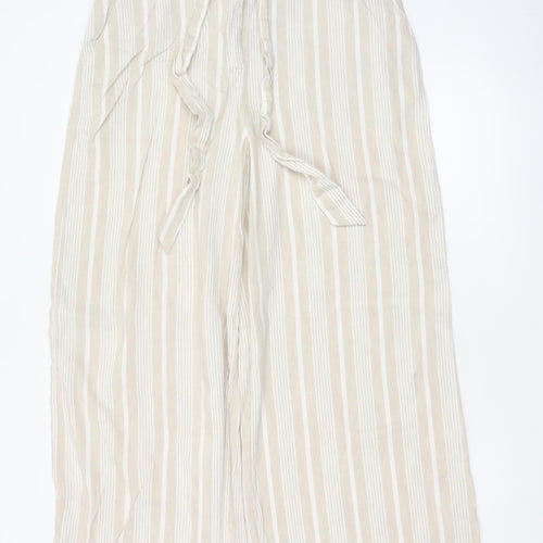 Mint Velvet Women Beige Stripe Linen Wide Leg Tie Trousers UK 4