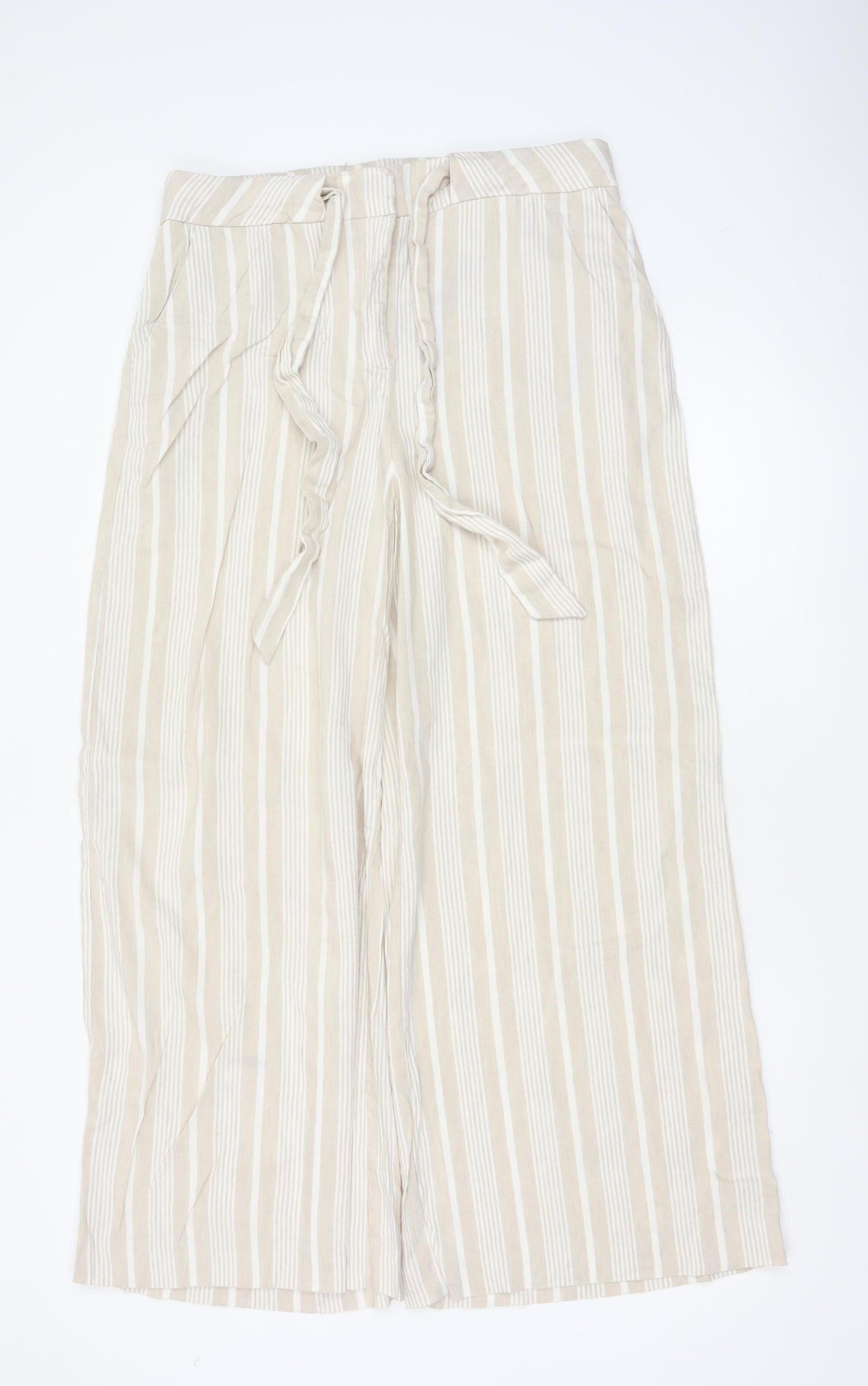 Mint Velvet Women Beige Stripe Linen Wide Leg Tie Trousers UK 4