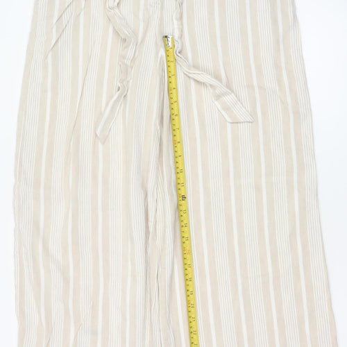 Mint Velvet Women Beige Stripe Linen Wide Leg Tie Trousers UK 4