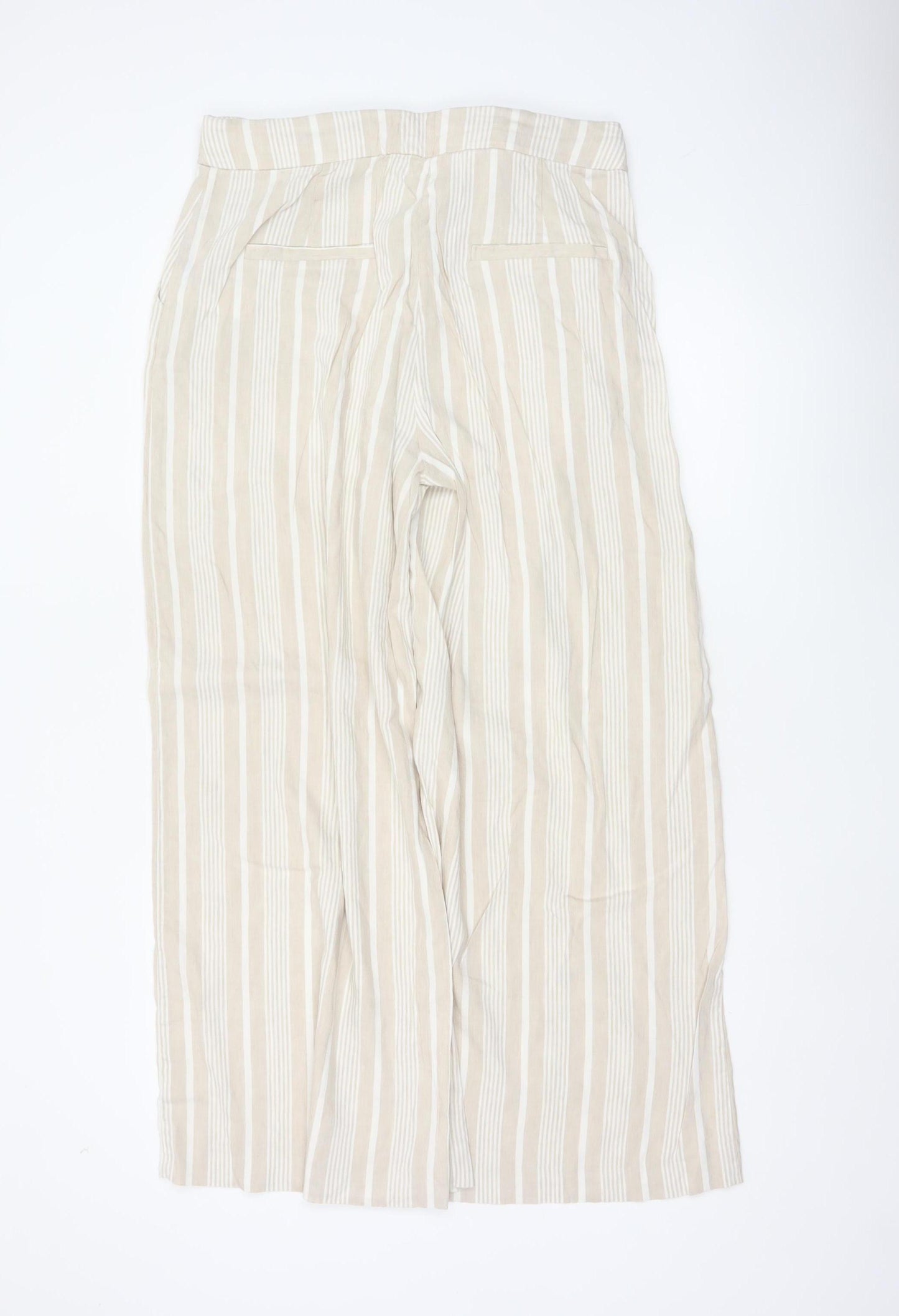 Mint Velvet Women Beige Stripe Linen Wide Leg Tie Trousers UK 4