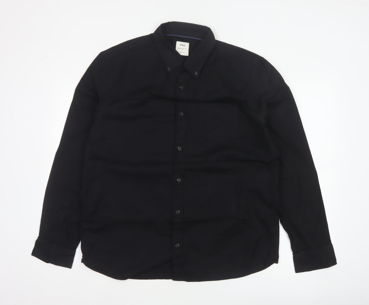 Marks and Spencer Men Black L Regular Fit Cotton Button-Down Shirt