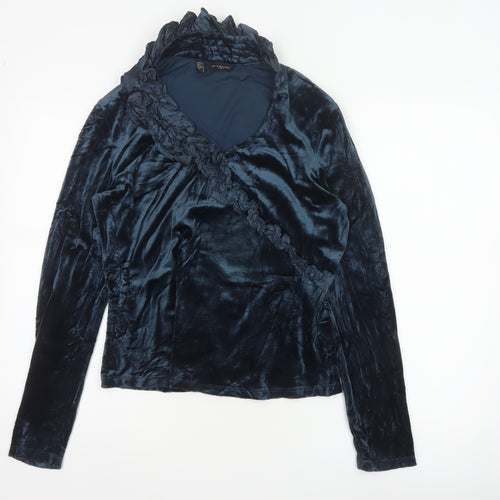 Javier Simorra Women Blue UK 14 Silk Velvet Ruffle Wrap Blouse