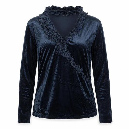 Front view of Javier Simorra Women Blue UK 14 Silk Velvet Ruffle Wrap Blouse