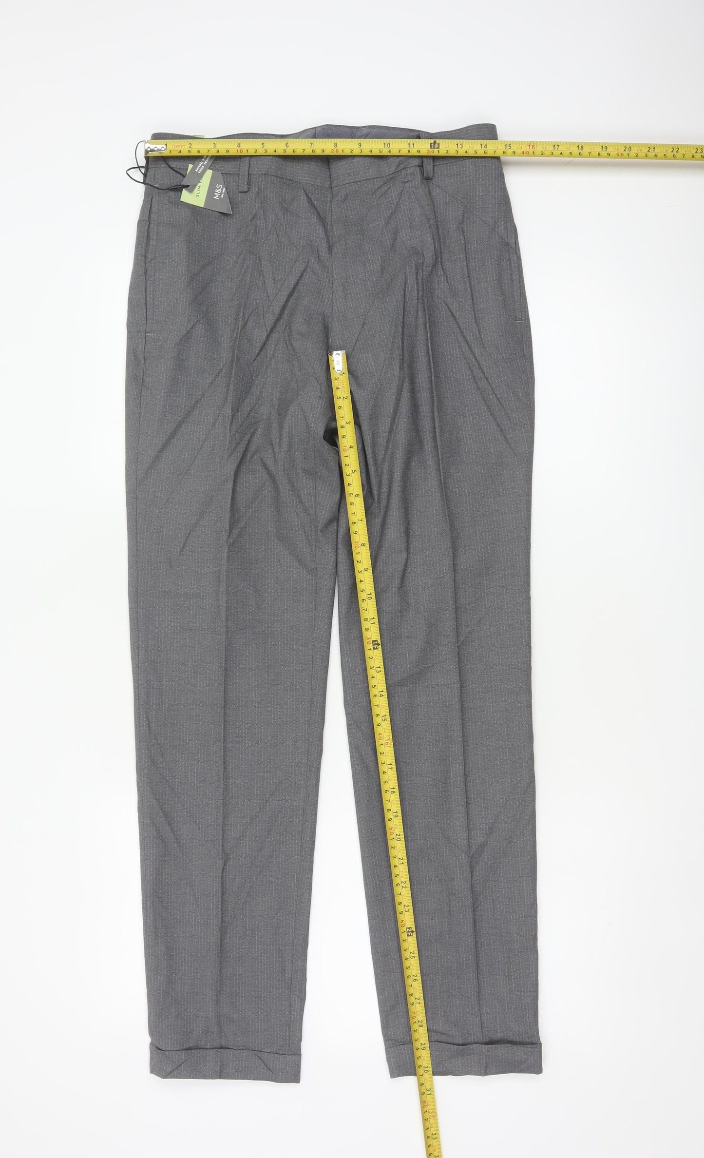 M&S Mens Grey Pinstripe Slim Dress Trousers 30in 31in Leg