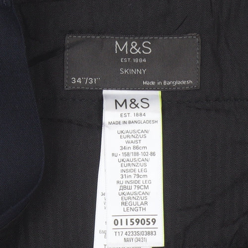 Marks & Spencer Men's Navy 34/31 Skinny Smart Dress Trousers Stretch
