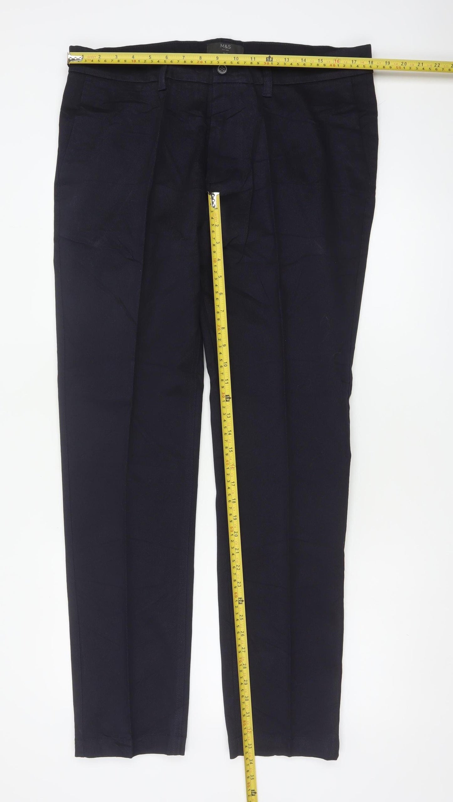 M&S Mens Navy Blue 36/33 Slim Straight Cotton Trousers