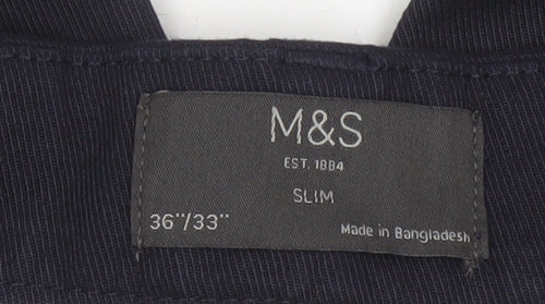 M&S Mens Navy Blue 36/33 Slim Straight Cotton Trousers