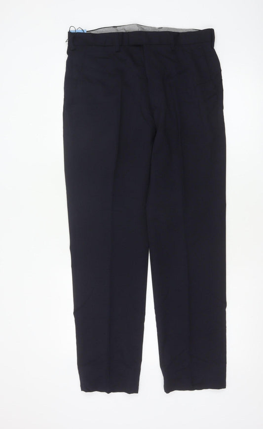 Marks & Spencer Men Navy 32/31 Wool Blend Flat Front Dress Trousers