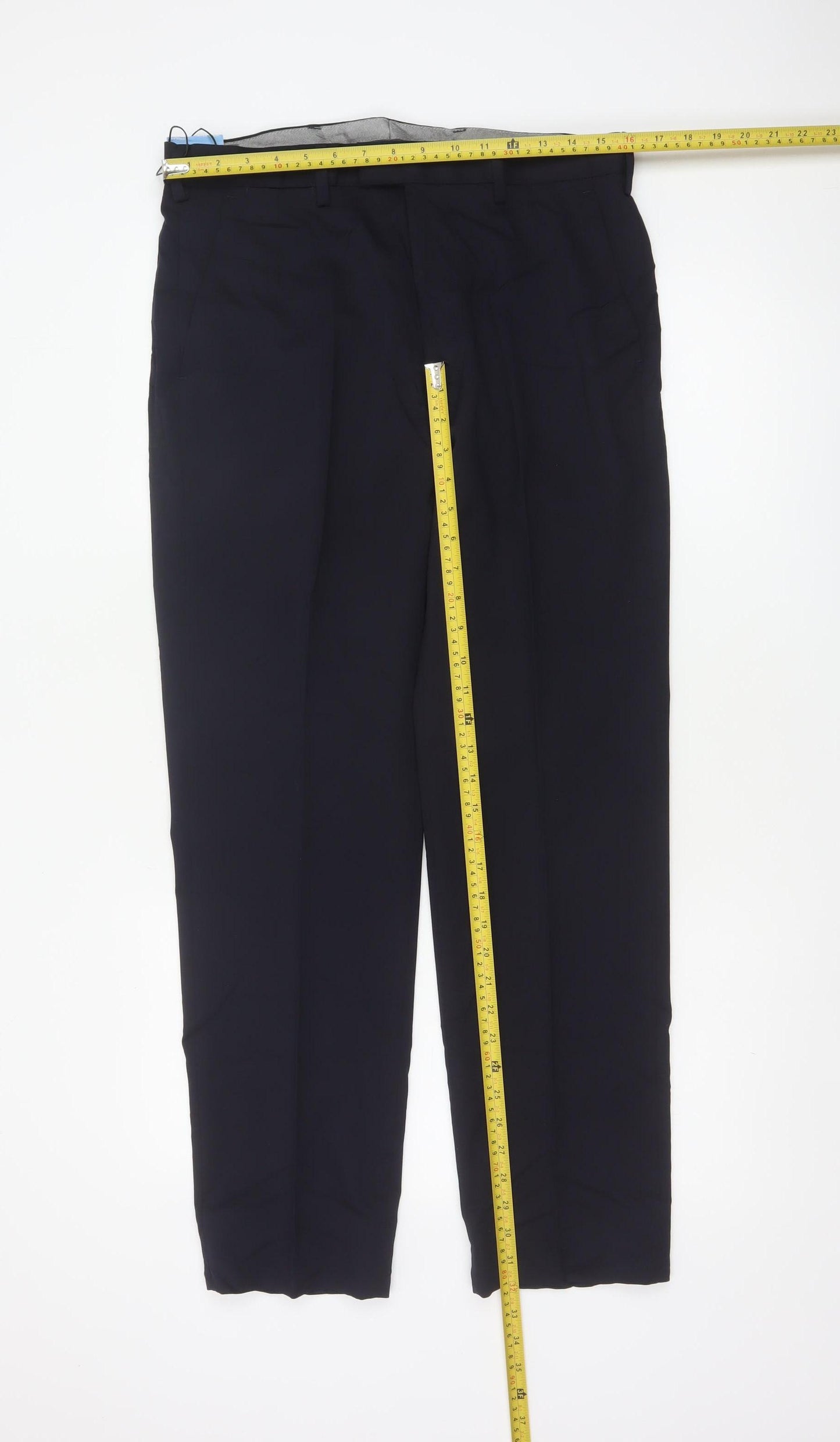 Marks & Spencer Men Navy 32/31 Wool Blend Flat Front Dress Trousers