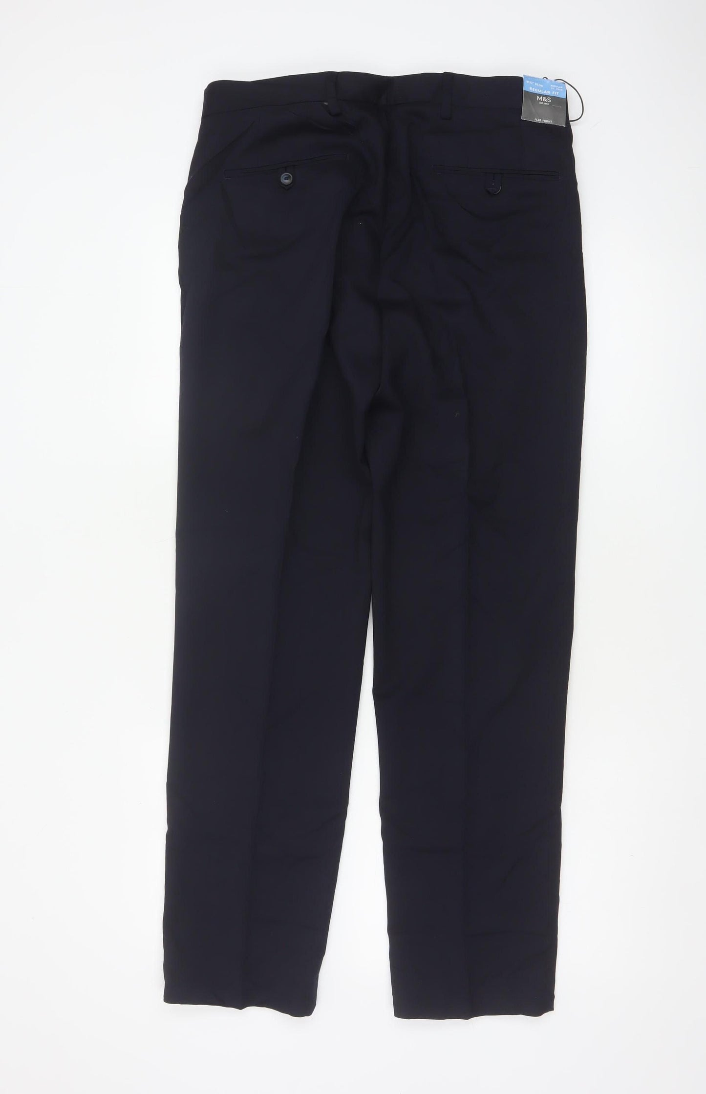 Marks & Spencer Men Navy 32/31 Wool Blend Flat Front Dress Trousers