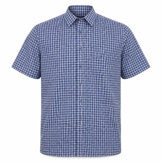 Front view of Charles Norton Men's Blue Check Short Sleeve Shirt L 16.5 Button-Up
