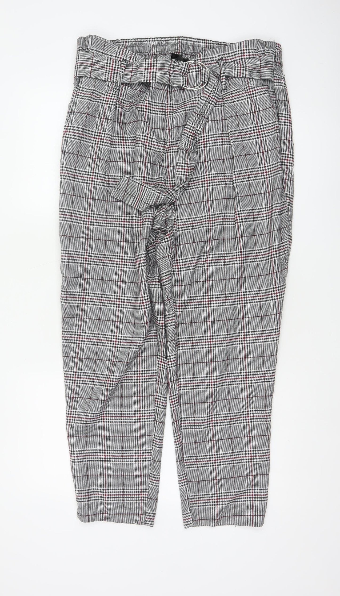 River Island Women Grey Plaid Paperbag Tapered Trousers Size 18