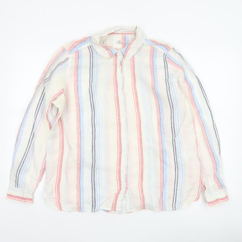 Marks and Spencer Women White UK 16 Striped Linen Basic Button-Up Blouse
