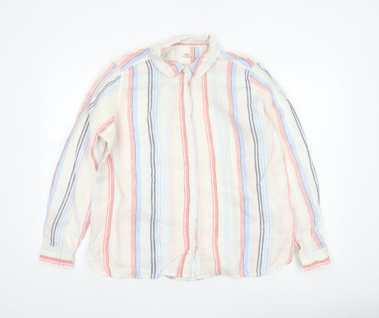 Marks and Spencer Women White UK 16 Striped Linen Basic Button-Up Blouse