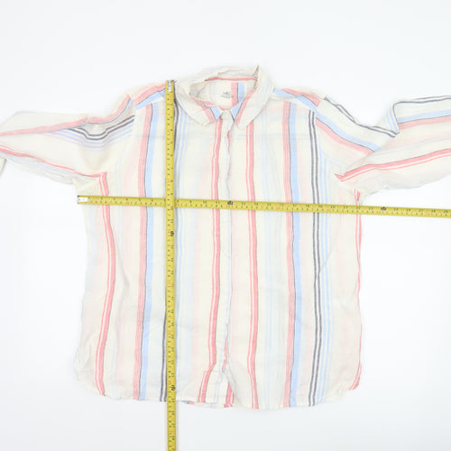 Marks and Spencer Women White UK 16 Striped Linen Basic Button-Up Blouse