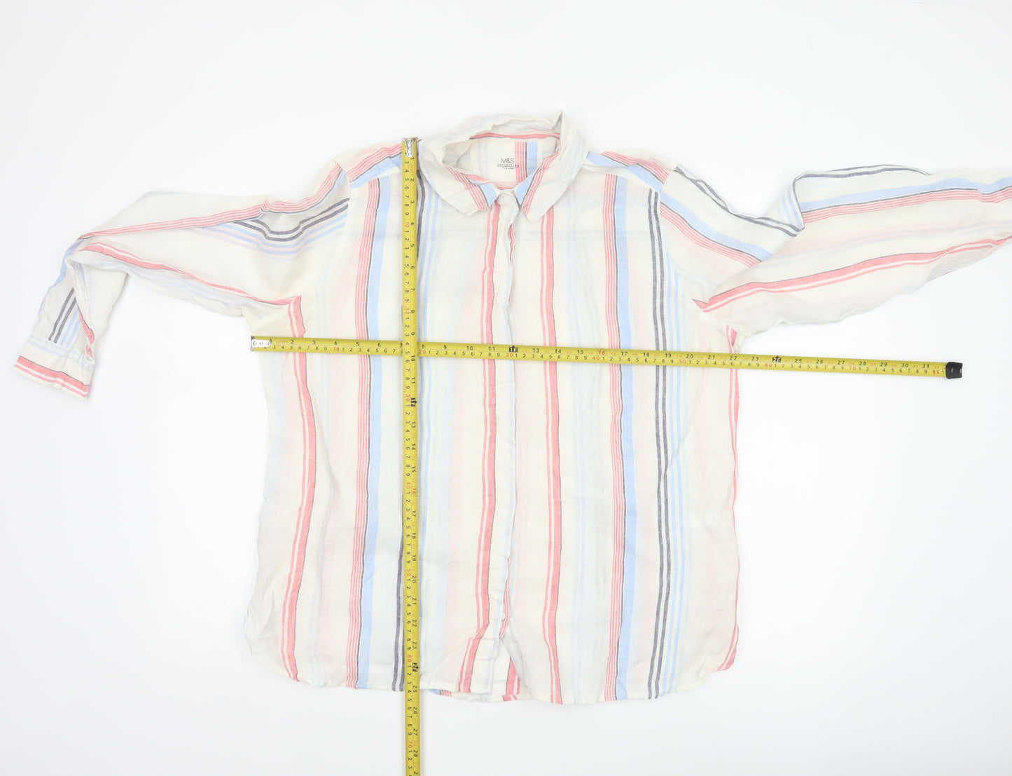 Marks and Spencer Women White UK 16 Striped Linen Basic Button-Up Blouse