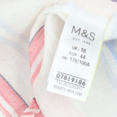 Marks and Spencer Women White UK 16 Striped Linen Basic Button-Up Blouse