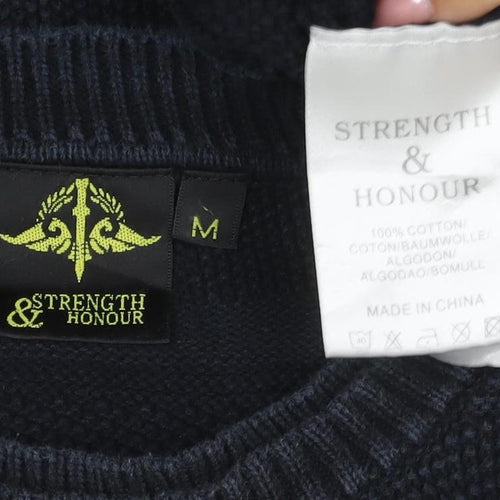 Strength & Honour Men Black M Chunky Knit Geometric Crew Neck Jumper