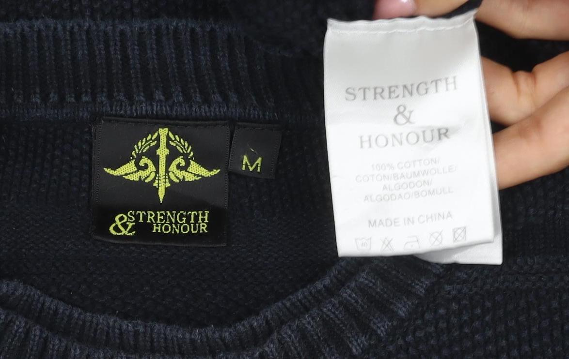 Strength & Honour Men Black M Chunky Knit Geometric Crew Neck Jumper