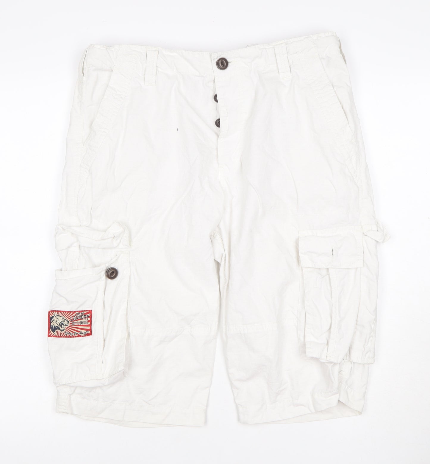 Tokyo Laundry Men's White L Cargo Shorts Button Pockets Cotton