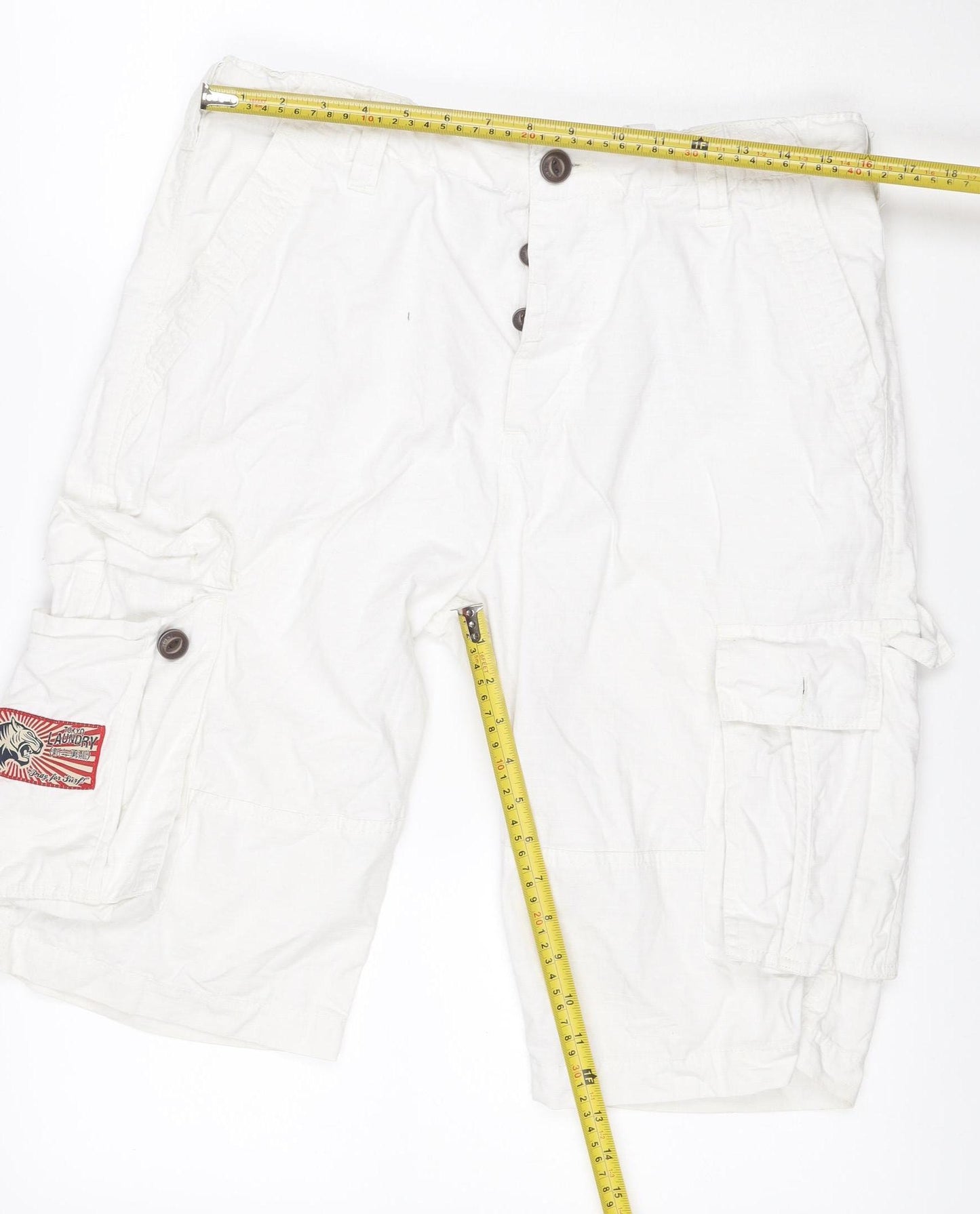 Tokyo Laundry Men's White L Cargo Shorts Button Pockets Cotton