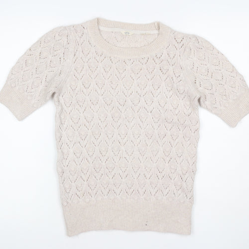 Fat Face Women Ivory Alpaca Blend Open-Knit Short Sleeve Pullover UK 8